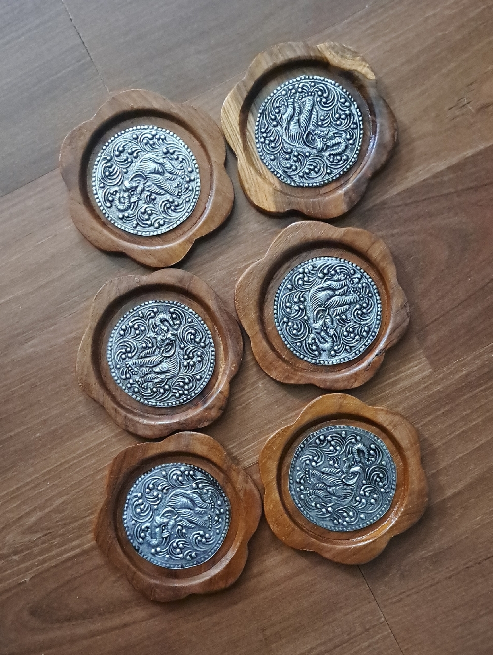Set of 6 Decorative Wood Coasters with Ornate Silver Looking Medallions